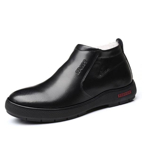 

genuine leather warm men boots autumn winter ankle snow boots fashion casual footwear lace up shoes men shoes, Black