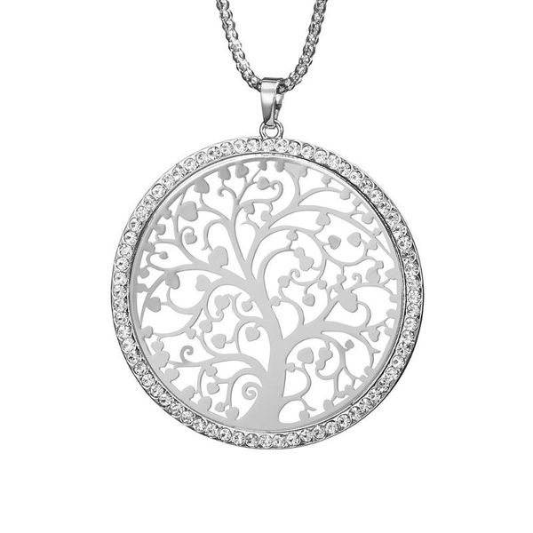 

chains big tree of life pendant necklaces for women rhinestone round long necklace statement jewelry female fashion gift 2021, Silver