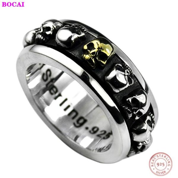 

cluster rings real s925 sterling silver thai domineering retro skull rotatable fashion punk 925 argentum for men, Golden;silver