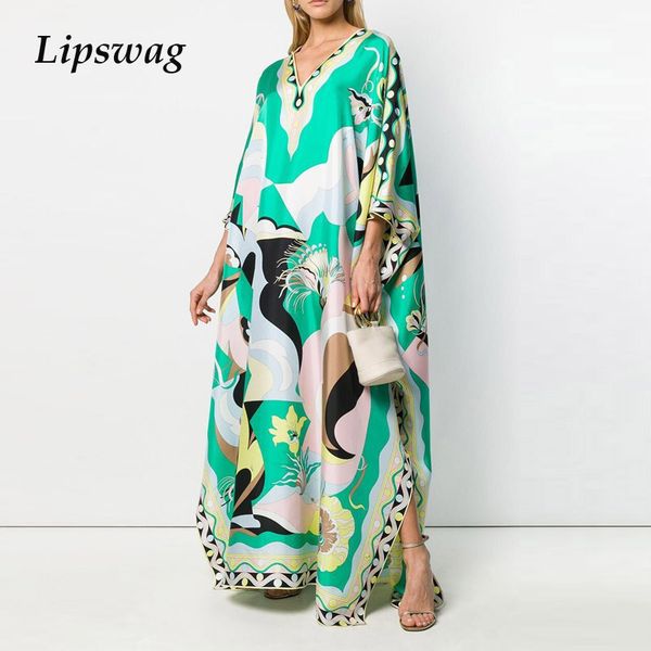 

elegant v-neck split lady party dresses vintage floral printed beach long dress fashion summer 3/4 sleeve women loose maxi dresshigh quality, Black;gray