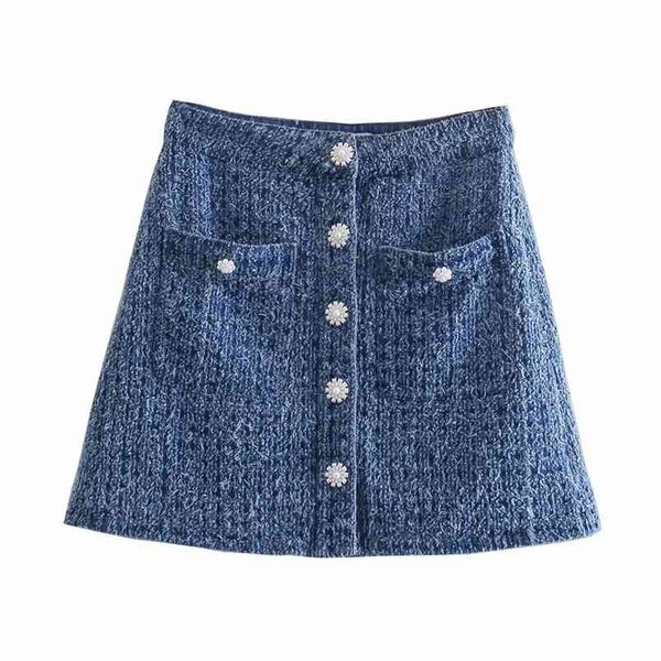 

chic button decoration blue tweed skirts women fashion casual plaid skirt elegant ladies a line mini faldas 210531, Black