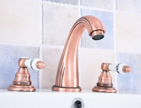 

bathroom sink faucets antique red copper brass deck mounted widespread basin faucet 3 holes mixer tap dual ceramic handles levers asf537