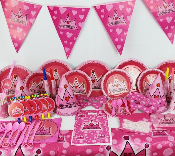 

disposable dinnerware pink crown theme baby decor paper straws/plates/cup/tablecloth/headband shower birthday decorations kids party favor s