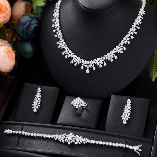 

earrings & necklace trendy 4pcs luxury tennis statement jewelry set for women wedding cubic zircon cz african dubai bridal, Silver