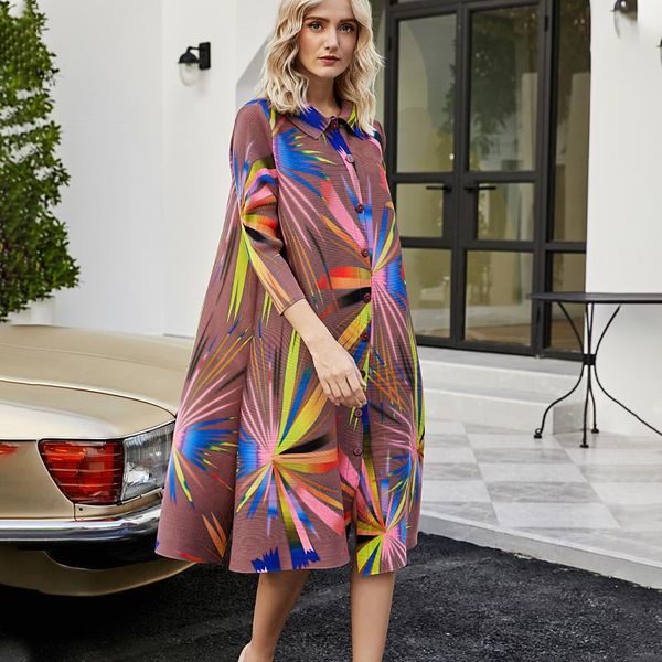 

casual dresses 2021 autumn winter aurora pattern button dress long sleeve plus size women miyake pleated indie aesthetic clothes, Black;gray