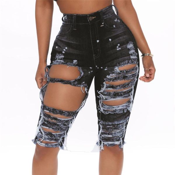 

women's pants & capris women fashion casual high waist jeans ripped destroyed holes solid slim stretch lady knee-length bottoms female, Black;white