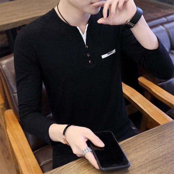 

t-shirts men's long sleeve trend korean v-neck slim fashion brand autumn dress t-shirt with t-blood in the body ontc, White;black