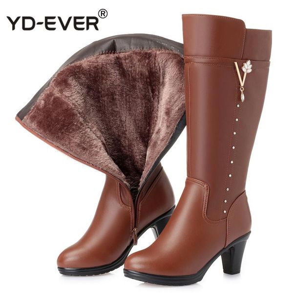 

boots winter knee high warm wool fur shoes woman heels soft leather non-slip women's footwear botas, Black