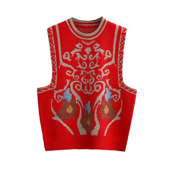 

women's sweaters 2021 collection fall winter o-neck sleeveless vintage chinese style print knitted pullover women vest, White;black