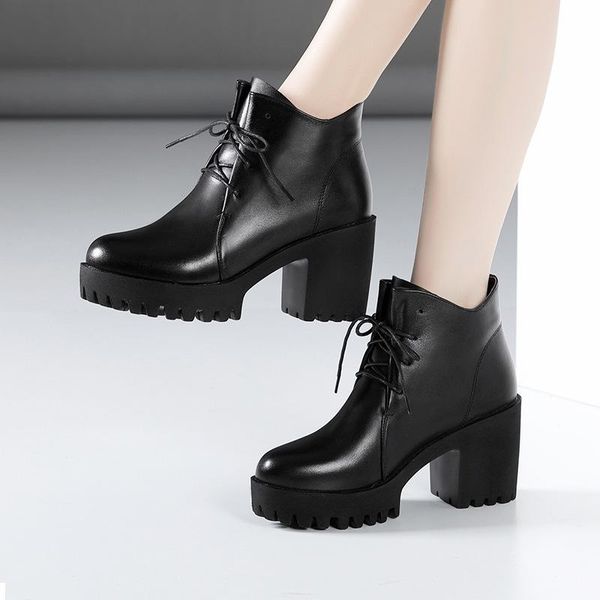 

boots 8cm high heel thick black women platform lace up ankle shoes