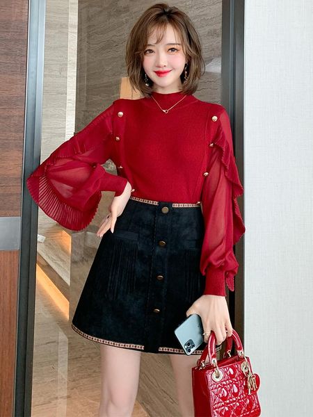 

half a turtleneck fashion splicing sleeve of chiffon pleated falbala knit dress in winter the women's tracksuits, Gray