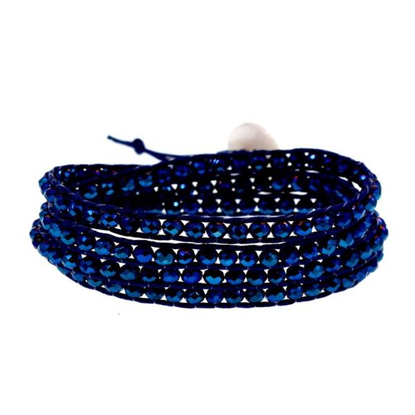

tennis metal blue crystal beaded on navy cord 4 wrap bracelet fashion chain jewelry, Golden;silver