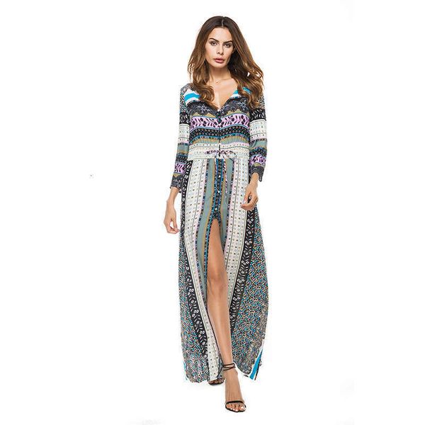 

dresses bohemian style casual floral long sleeve v-neck split seaside holiday dress, Black;gray