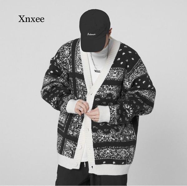 

men's sweaters wool cardigan japanese cashew flower print sweater high street harajuku knitted hip hop oversize couple, White;black