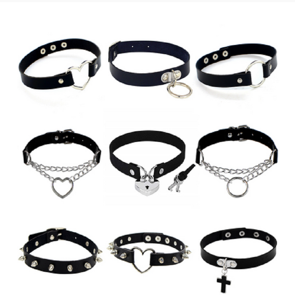 

chokers 2021 punk pu leather lock key heart round rivet collar studded choker necklace body birthday party gift chocker jewelry, Golden;silver