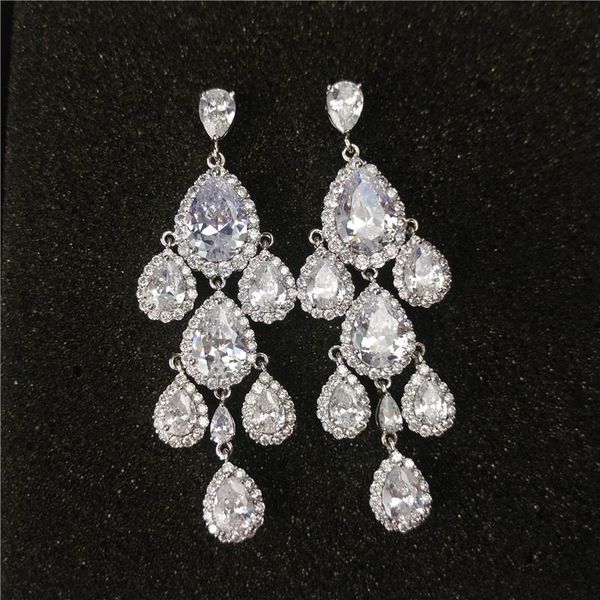 

dangle & chandelier zircon inlaid long tassel accessories copper alloy water drop fashion earrings for women, Silver