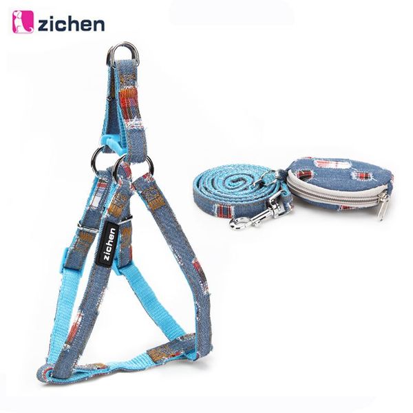 

dog collars & leashes adjustable nylon harnesses leash set snack bag fashion denim for large medium small dogs harness pets accessories 3 co