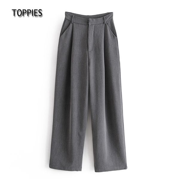 Toppies mulher cinza terno calças altas cintura larga perna calça feminino elegante corpo inteiro calças casuais streetwear 210412