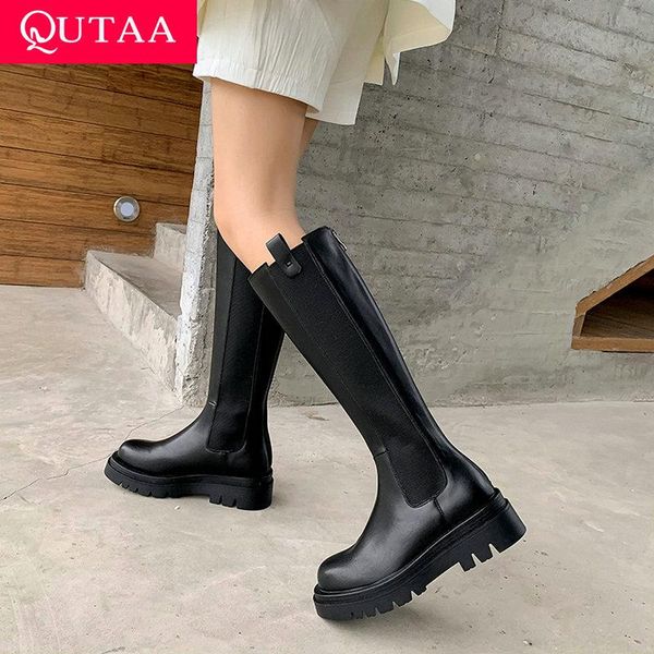 

boots qutaa 2022 round toe med heel autumn winter women shoes genuine leather fashion platform slip on knee high big size 34-39, Black