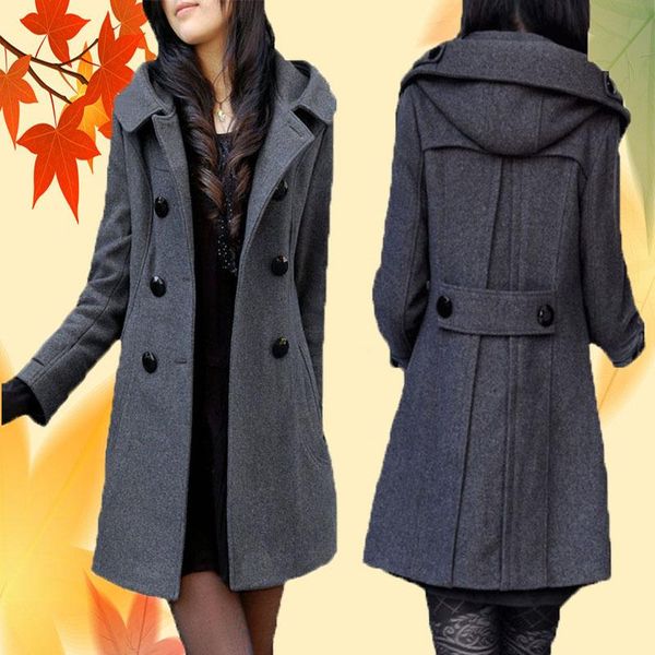 

women's wool & blends 2021 autumn and winter mid-length double-breasted hooded coat plus fat thick woolen size windbreaker, Black