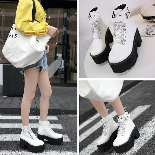 

boots autumn winter single 2021 fashion punk style belt buckle thick bottom slope heel lace up round head casual short, Black