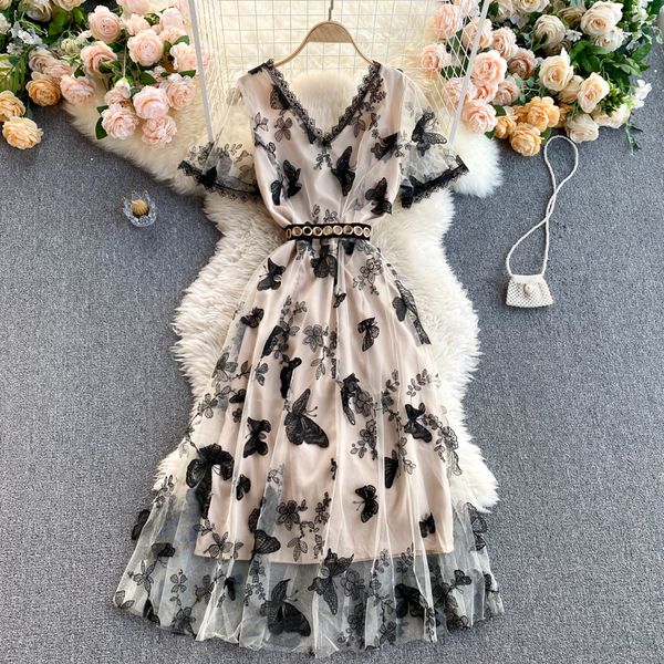 

singreiny mesh butterfly embroidery dress women design splice lace v neck a-line dresses summer elegant streetwear long dress, Black;gray
