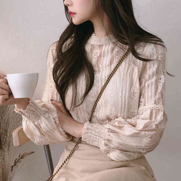 

blusas mujer de moda ladies long sleeve lace blouse shirts for spliced solid stand women pink 6899 50 210415, White