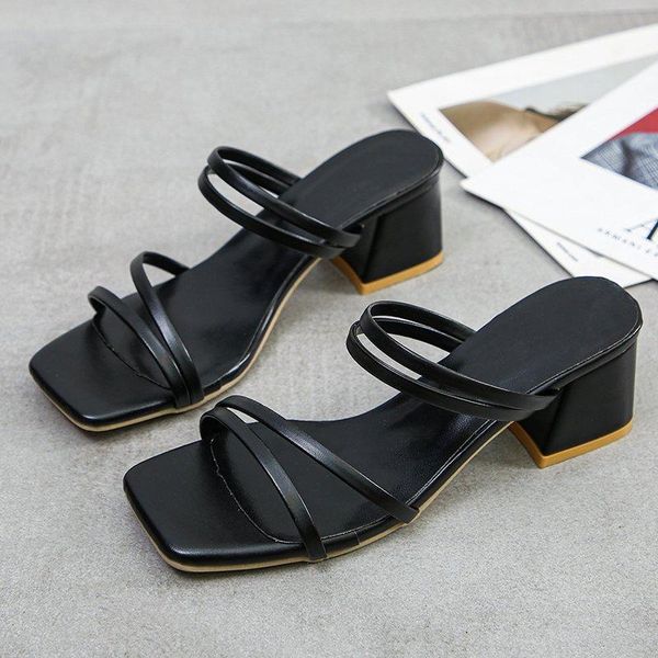 

slippers 2021 women square toe khaki sandal summer shoes woman black slides slipper female high heel beige vintage sandels