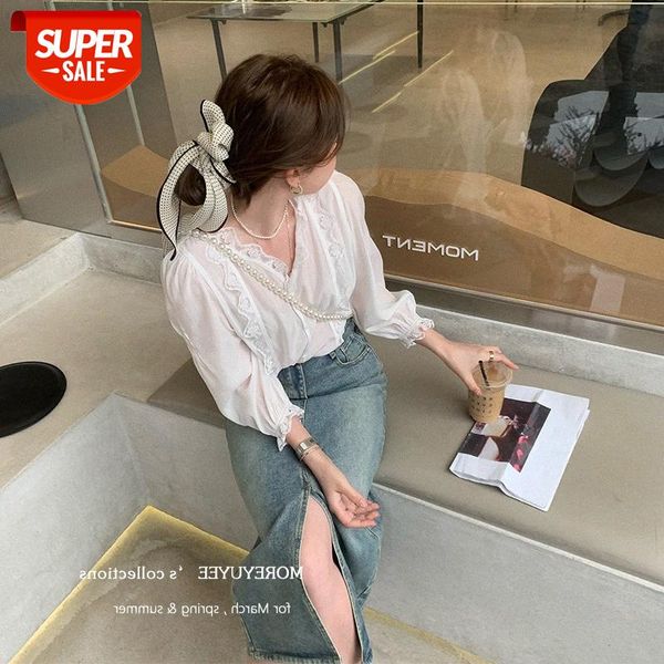 

women's sense white lace shirt women elegant v-neck small trend #tf14