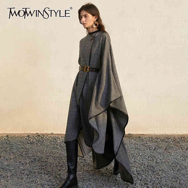 

twotwinstyle loose patchwork wool jacket for women o neck batwing sleeve casual solid cloak coat female fashion 210517, Black