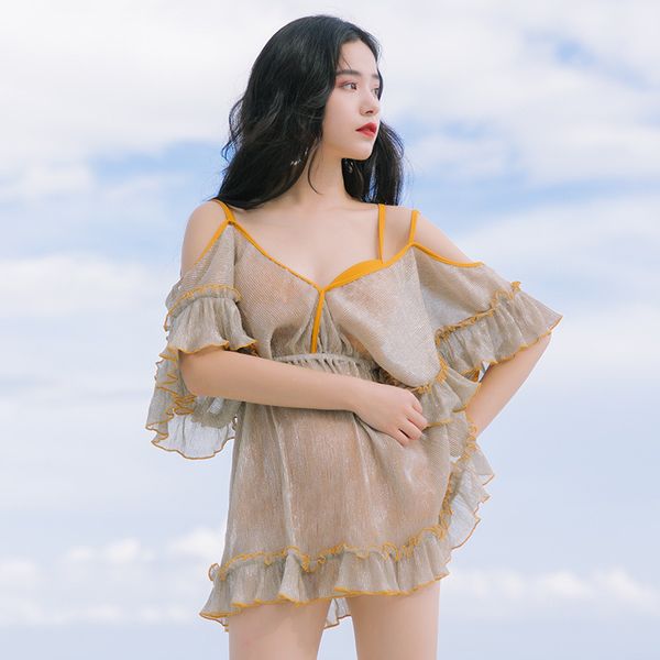 

split three piece conservative swimsuit korean beach skirt, Red;black