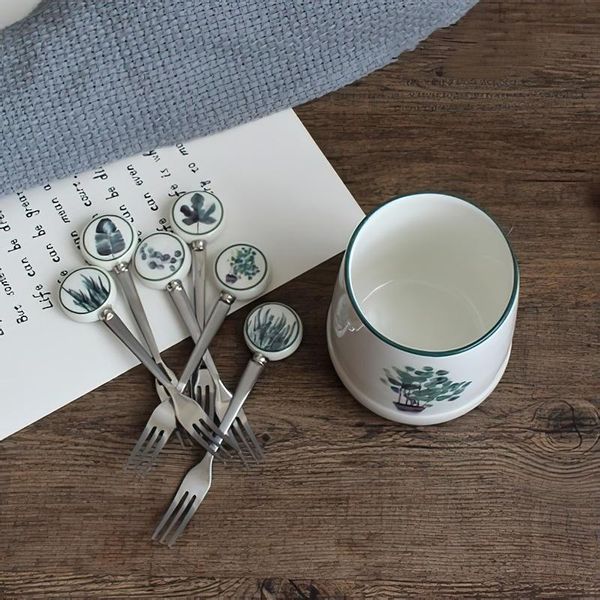 

forks ceramic stainless steel fork 6 piece set fruit cutlery nordic green plant dessert cake home kitchen tool supplies
