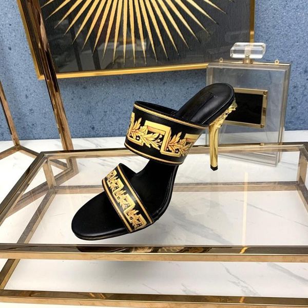 

slippers summer shoes women genuine cow leather print super high heels zapatos de mujer, Black