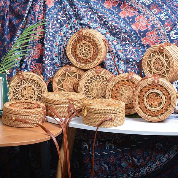 

evening bags fashion women round ratten bag small bohemian crossbody handmde straw woven beach circular hollow rattan handbags