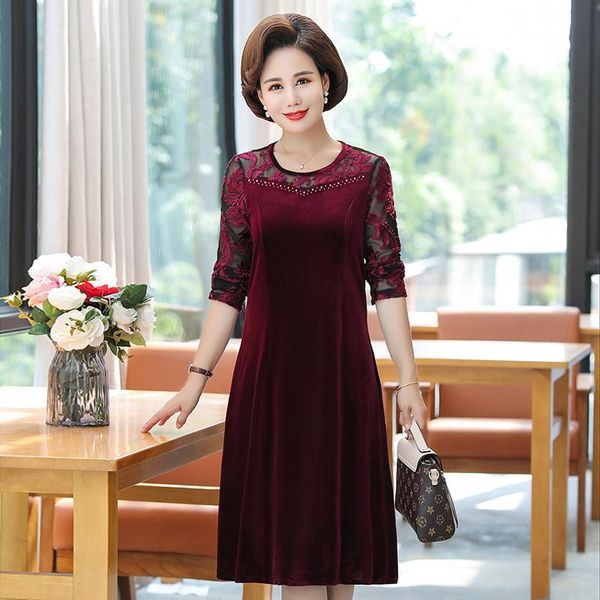 

casual dresses autumn classy chic lace transparent patchwork velvet women elegant dark green red blue velour one piece dress woman, Black;gray