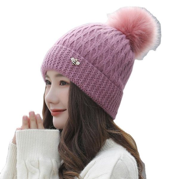 

beanie/skull caps winter korean sweet straight cap knitted warm wool fashion hair ball thickened ear, Blue;gray