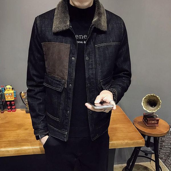 

men's jackets style denim jacket winter cashmere lamb wool collar warm coat special approval, Black;brown