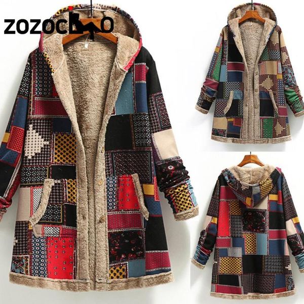 

women's wool & blends winter warm plush women hooded coat pocket cashmere thick long sleeve splicing jacket outwear retro cotton linen, Black