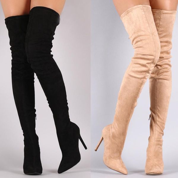 

boots women pointed toe over the knee thigh high stilettos shoes long slim custom made 20 colors big size, Black