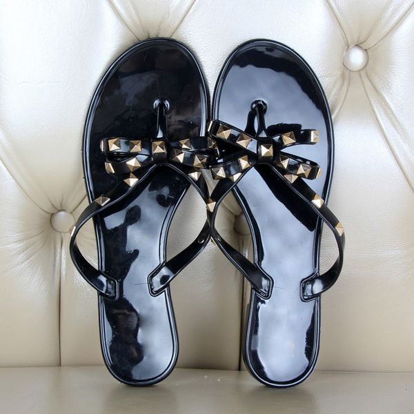

slippers chinelo com rebite e laÃ§o, chinelo de verÃ£o para meninas, sandÃ¡lias praia, slip-on, sapatos baixos geleia, chinelos mulheres, ahmi, Black