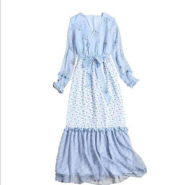 

casual dresses blue floral wrap dress maxi long ruffle sleeve women occident slim fit 2021, Black;gray