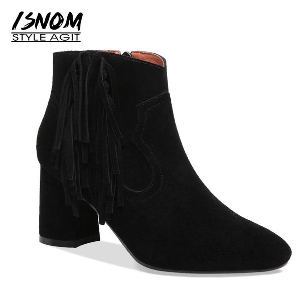 

boots isnom cow suede ankle women pointed toe tassel high heels shoes 2021 fashion female short plush footwear, Black