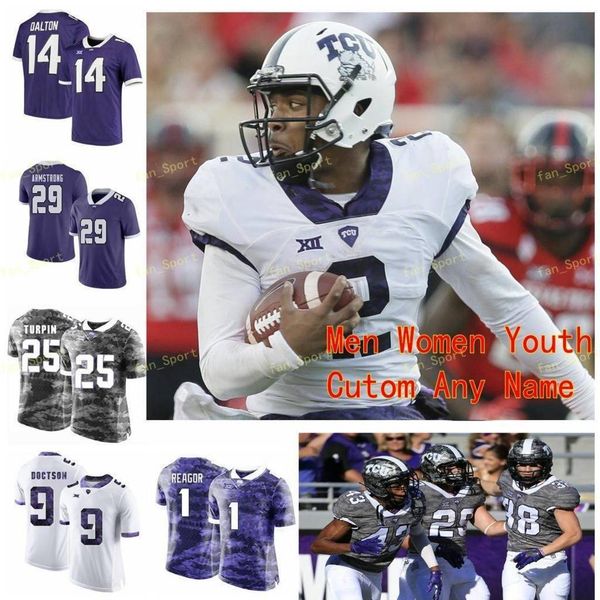 Майки колледжа NCAA TCU Horned Frogs 14 Энди Далтон 15 Макс Дэн 16 Алекс Делтон 18 Джален Ригор 13 Джастин Роджерс Сшитый на заказ футбол