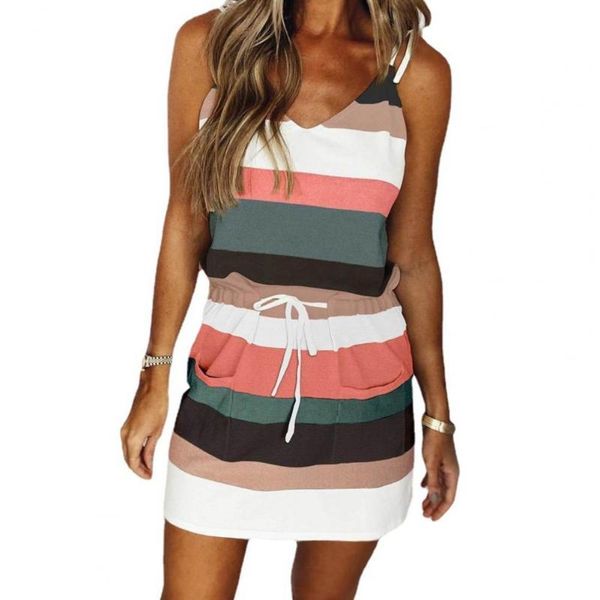 

casual dresses summer lady mini dress adjustable with drawstring waistband sundress vetement femme 2021, Black;gray