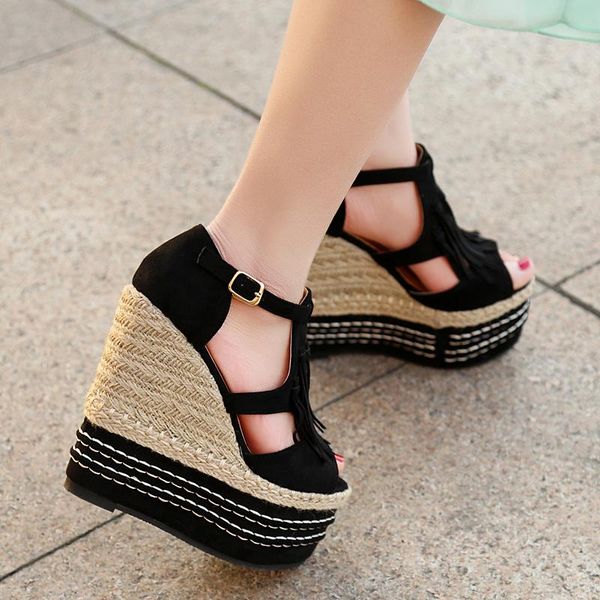 

straw 15cm super high heel wedges sandals tassel fish mouth muffin thick platform female small size womens shoes 32,33, Black