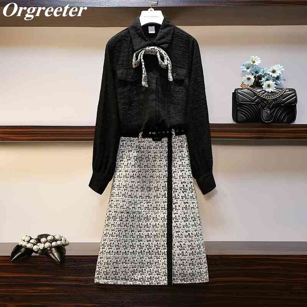 

spring autumn shirt and tweed skirt 2 piece set women lapel bow knot black blouse plaid patchwork pencil suit 210525, White