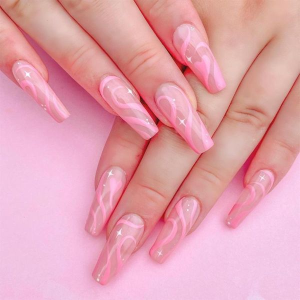 

false nails 24pcs pink line printed nail patch glue type removable long paragraph fashion manicure smj, Red;gold
