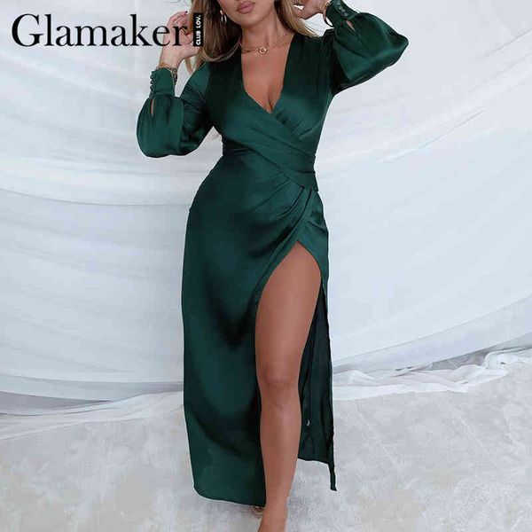 

glamaker satin v neck green party dress christmas dinner high split winter autumn dress female bandage elegant dress 210412, Black;gray