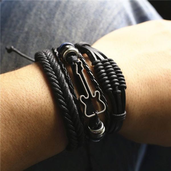 

tennis pcs/set trendy black brown genuine leather women bracelets men bangles feather cross guitar charm homme male gift jewelry, Golden;silver