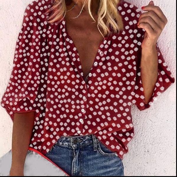

women shirt floral print v neck blouses and with button big size clothing 2xl plus tunic autumn, White